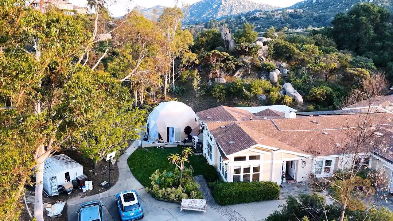 Aerial view of The ARC retreat campus, residence and Abundance Dome in the San Diego mountains